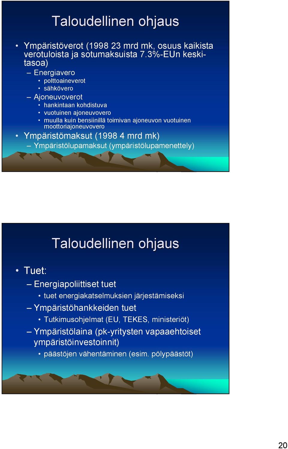 vuotuinen moottoriajoneuvovero Ympäristömaksut (1998 4 mrd mk) Ympäristölupamaksut (ympäristölupamenettely) Tuet: Taloudellinen ohjaus Energiapoliittiset tuet