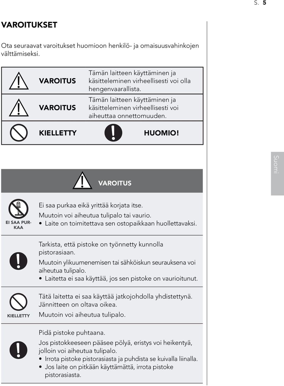 Tämän laitteen käyttäminen ja käsitteleminen virheellisesti voi aiheuttaa onnettomuuden. HUOMIO! VAROITUS EI SAA PUR- KAA Ei saa purkaa eikä yrittää korjata itse.