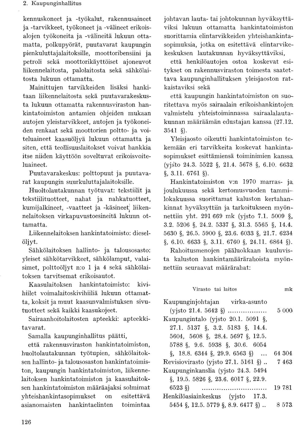 Mainittujen tarvikkeiden lisäksi hankitaan liikennelaitosta sekä puutavarakeskusta lukuun ottamatta rakennusviraston hankintatoimiston antamien ohjeiden mukaan autojen yleistarvikkeet, autojen ja