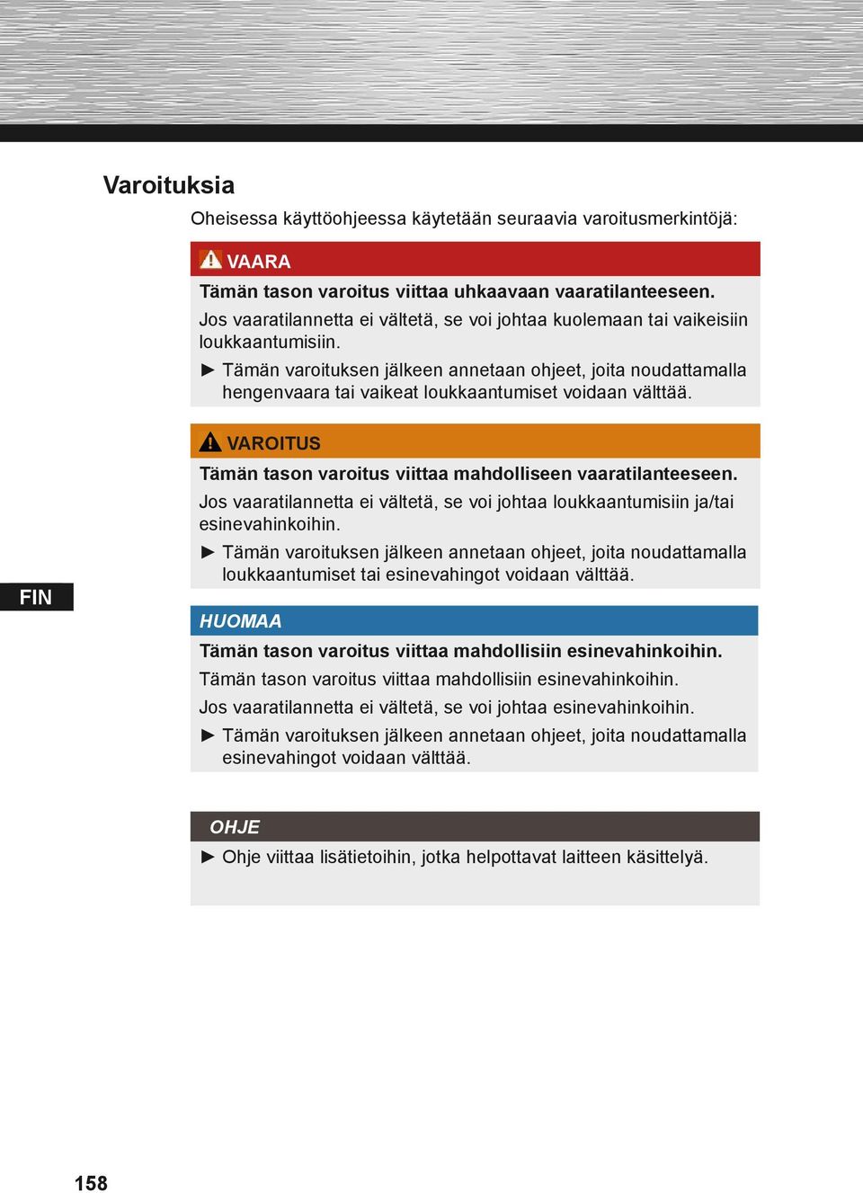 Tämän varoituksen jälkeen annetaan ohjeet, joita noudattamalla hengenvaara tai vaikeat loukkaantumiset voidaan välttää. VAROITUS Tämän tason varoitus viittaa mahdolliseen vaaratilanteeseen.