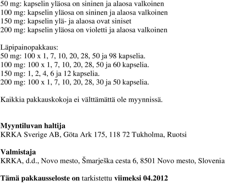 150 mg: 1, 2, 4, 6 ja 12 kapselia. 200 mg: 100 x 1, 7, 10, 20, 28, 30 ja 50 kapselia. Kaikkia pakkauskokoja ei välttämättä ole myynnissä.