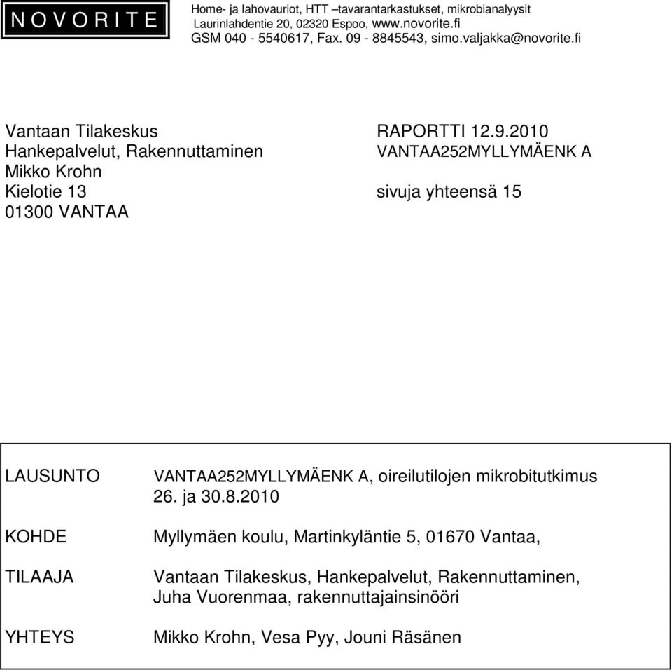 sivuja yhteensä 15 01300 VANTAA LAUSUNTO KOHDE TILAAJA YHTEYS VANTAA252MYLLYMÄENK A, oireilutilojen mikrobitutkimus 26. ja 30.8.