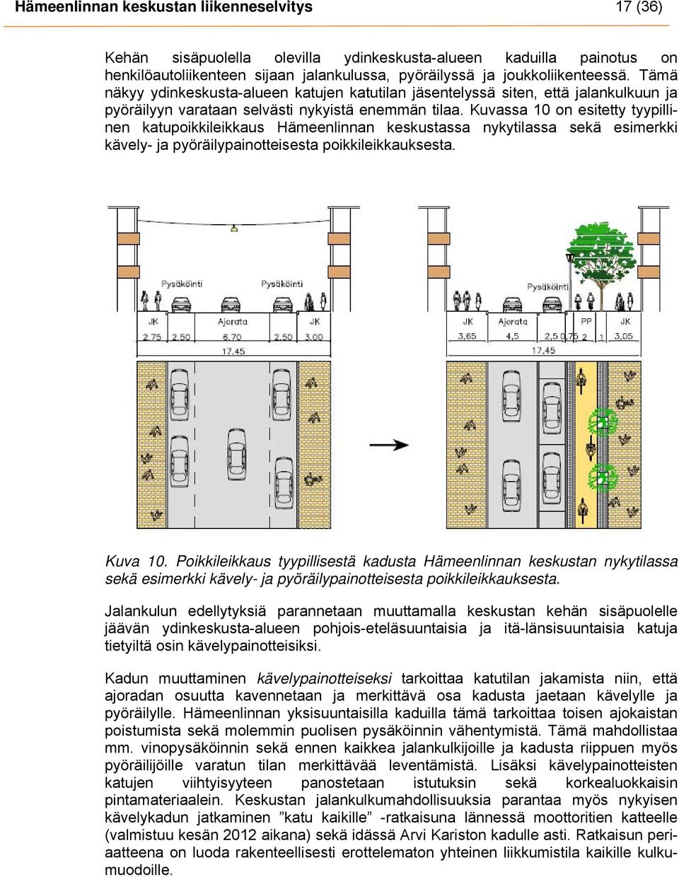 Kuvassa 10 on esitetty tyypillinen katupoikkileikkaus Hämeenlinnan keskustassa nykytilassa sekä esimerkki kävely- ja pyöräilypainotteisesta poikkileikkauksesta. Kuva 10.