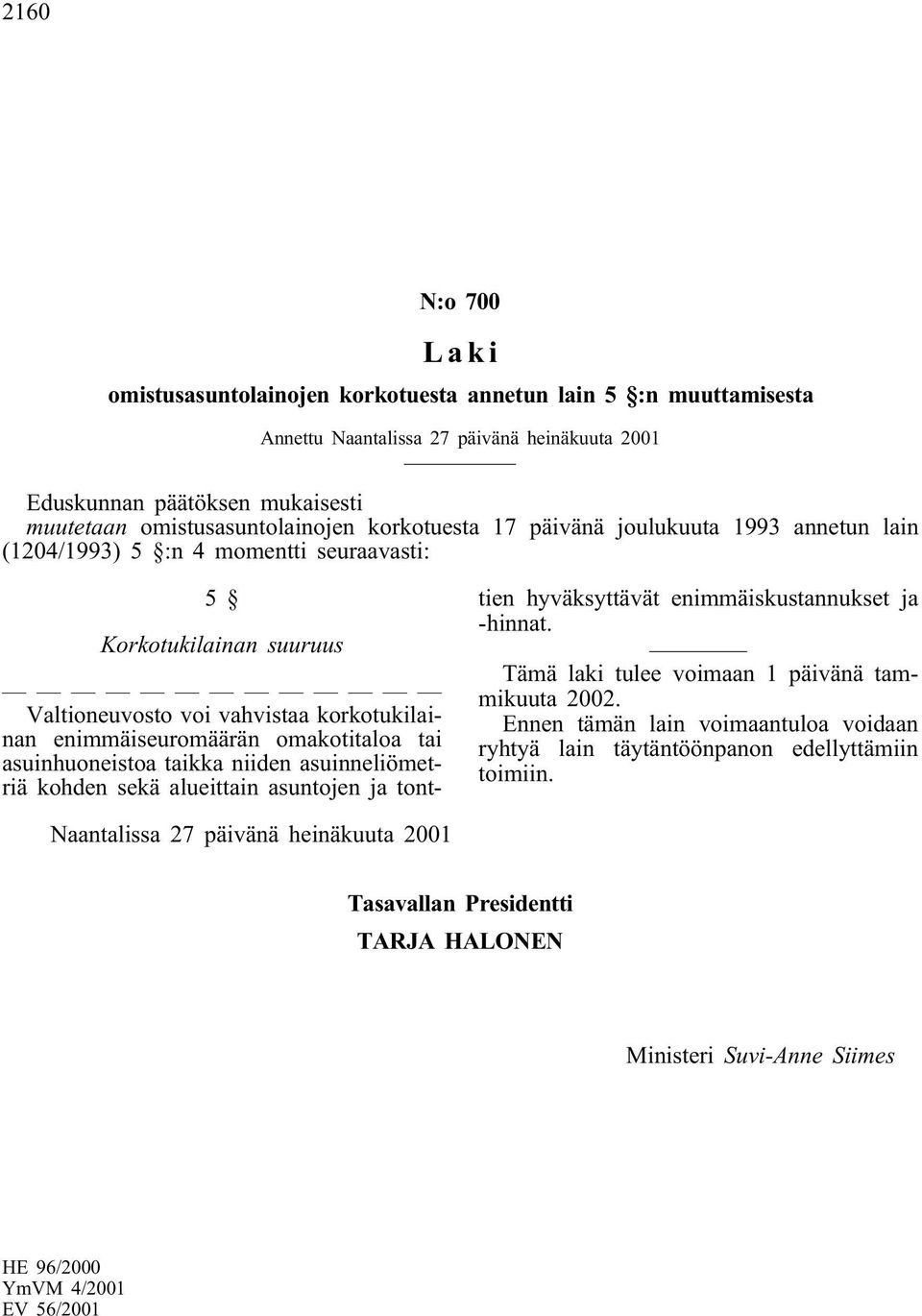 asuinhuoneistoa taikka niiden asuinneliömetriä kohden sekä alueittain asuntojen ja tonttien hyväksyttävät enimmäiskustannukset ja -hinnat. Tämä laki tulee voimaan 1 päivänä tammikuuta 2002.