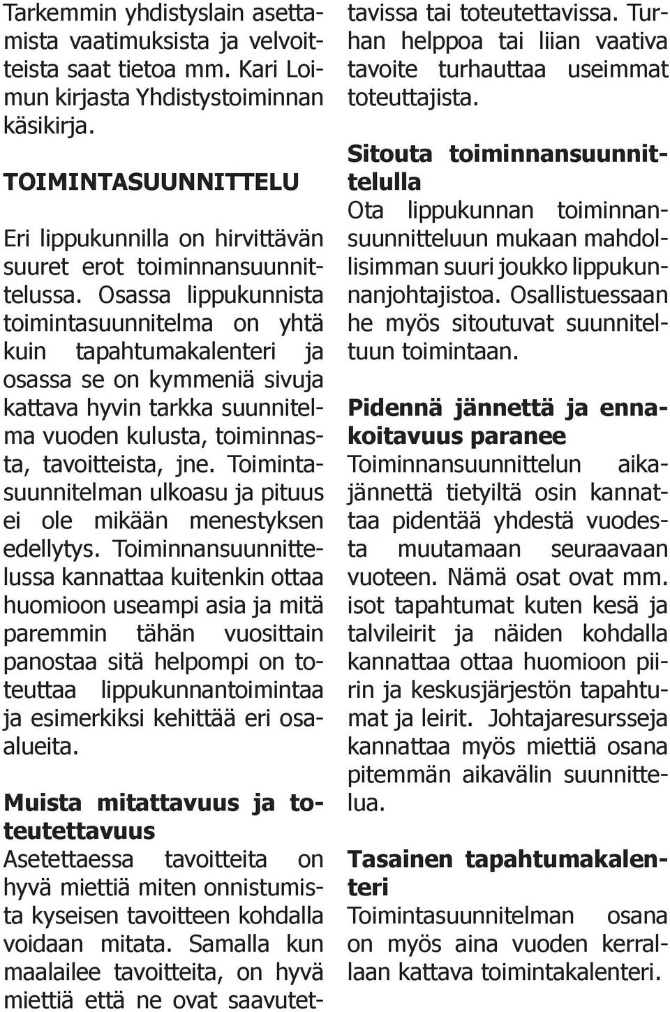 Osassa lippukunnista toimintasuunnitelma on yhtä kuin tapahtumakalenteri ja osassa se on kymmeniä sivuja kattava hyvin tarkka suunnitelma vuoden kulusta, toiminnasta, tavoitteista, jne.