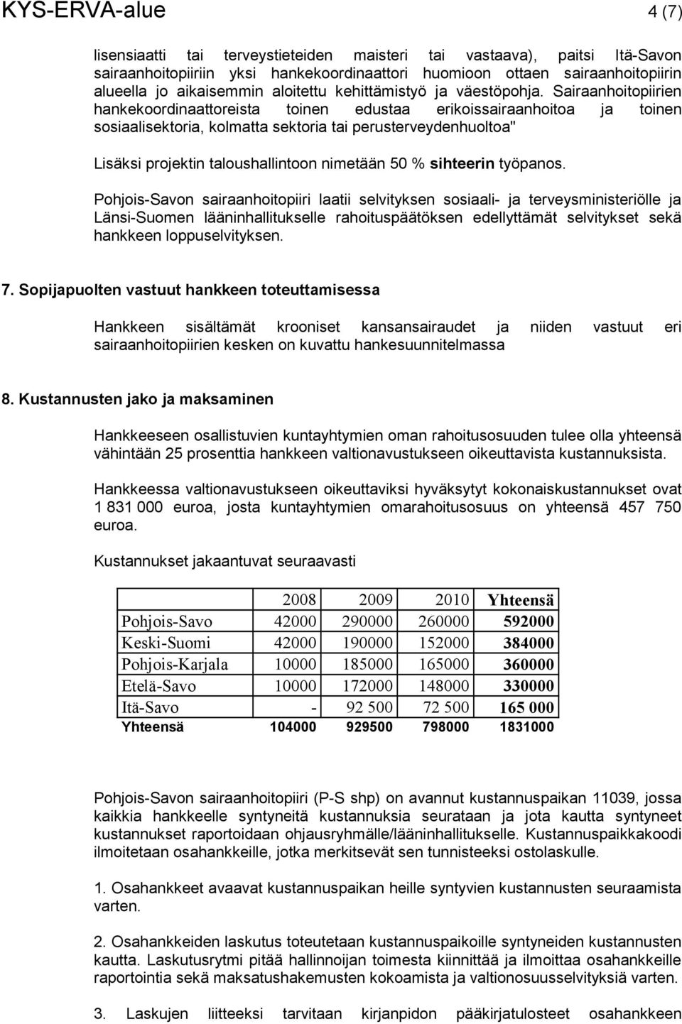 Sairaanhoitopiirien hankekoordinaattoreista toinen edustaa erikoissairaanhoitoa ja toinen sosiaalisektoria, kolmatta sektoria tai perusterveydenhuoltoa" Lisäksi projektin taloushallintoon nimetään 50