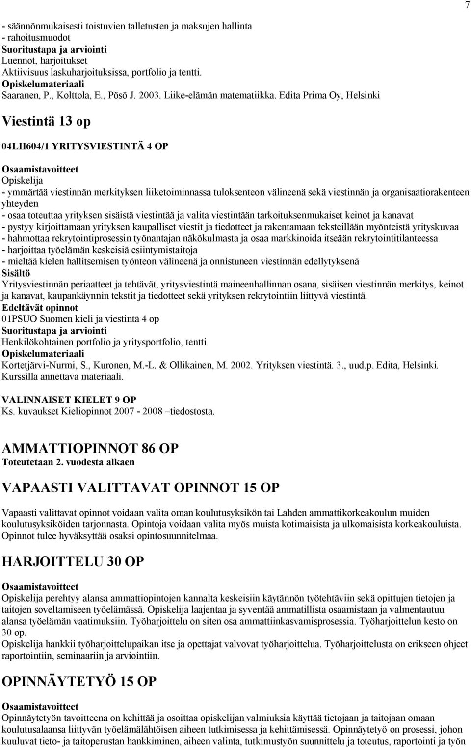 Edita Prima Oy, Helsinki Viestintä 13 op 04LII604/1 YRITYSVIESTINTÄ 4 OP - ymmärtää viestinnän merkityksen liiketoiminnassa tuloksenteon välineenä sekä viestinnän ja organisaatiorakenteen yhteyden -