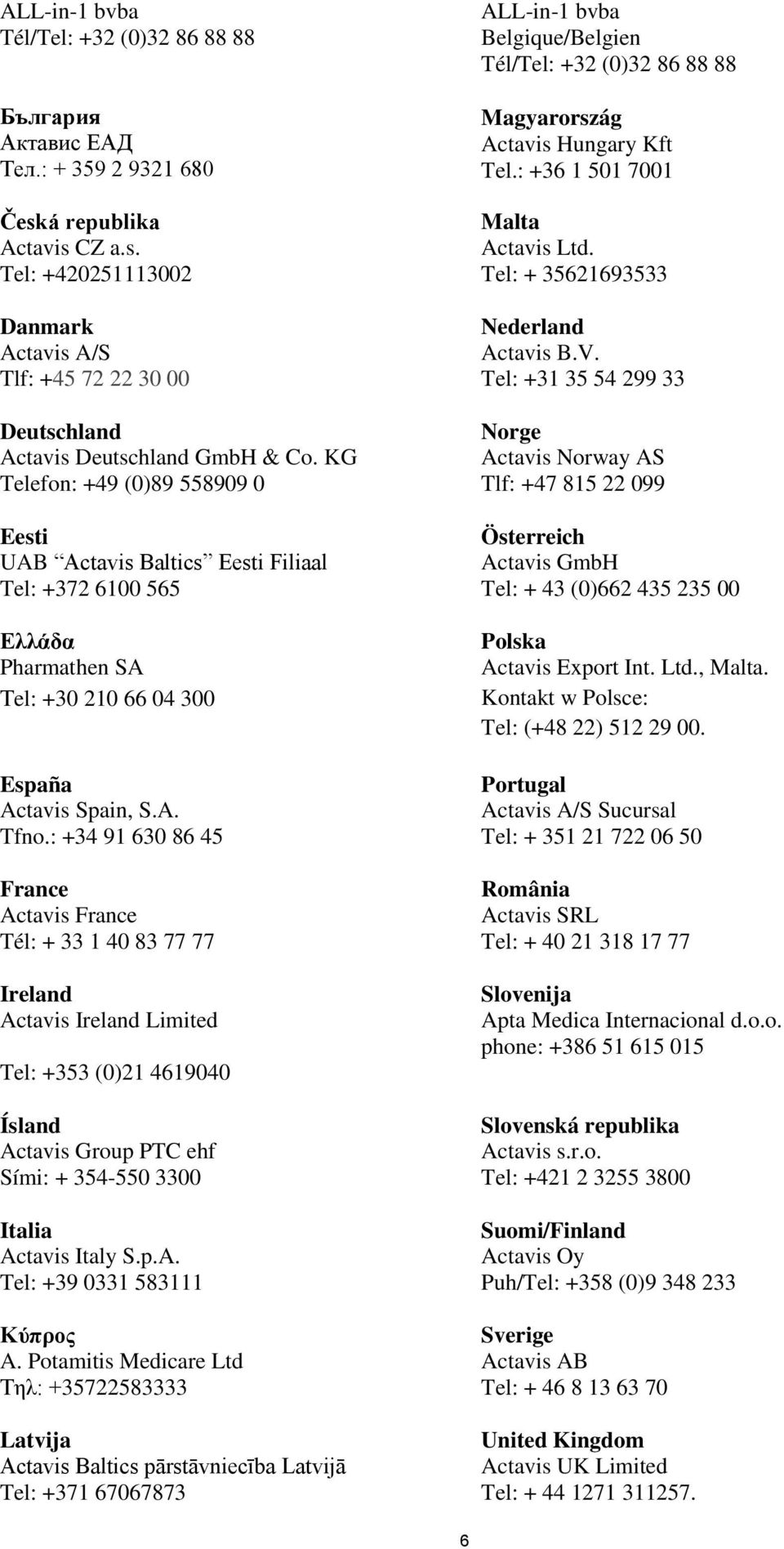 : +34 91 630 86 45 France Actavis France Tél: + 33 1 40 83 77 77 Ireland Actavis Ireland Limited Tel: +353 (0)21 4619040 Ísland Actavis Group PTC ehf Sími: + 354-550 3300 Italia Actavis Italy S.p.A. Tel: +39 0331 583111 Κύπρος A.
