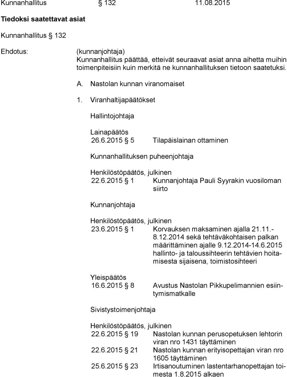 tietoon saatetuksi. A. Nastolan kunnan viranomaiset 1. Viranhaltijapäätökset Hallintojohtaja Lainapäätös 26.6.2015 5 Tilapäislainan ottaminen Kunnanhallituksen puheenjohtaja 22.6.2015 1 Kunnanjohtaja Pauli Syyrakin vuosiloman siir to Kunnanjohtaja 23.