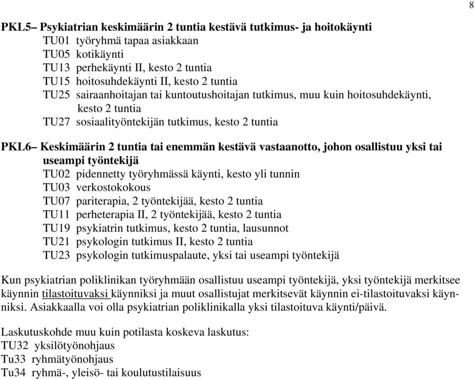 vastaanotto, johon osallistuu yksi tai useampi työntekijä TU02 pidennetty työryhmässä käynti, kesto yli tunnin TU03 verkostokokous TU07 pariterapia, 2 työntekijää, kesto 2 tuntia TU11 perheterapia