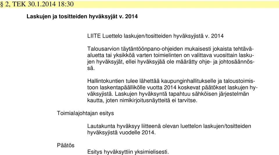 ohje- ja johtosäännössä. Hallintokuntien tulee lähettää kaupunginhallitukselle ja taloustoimistoon laskentapäällikölle vuotta 2014 koskevat päätökset laskujen hyväksyjistä.