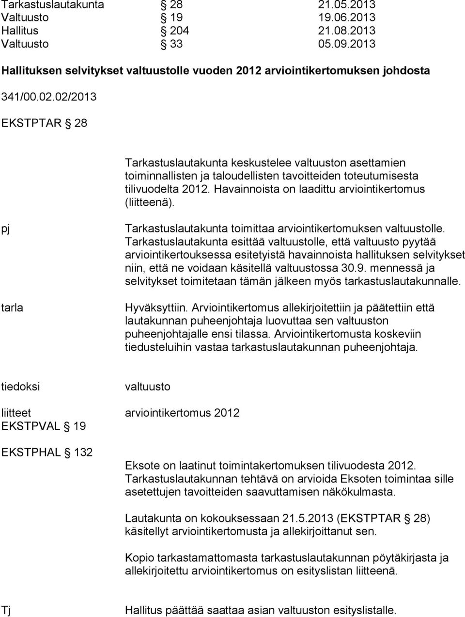 Havainnoista on laadittu arviointikertomus (liitteenä). pj tarla Tarkastuslautakunta toimittaa arviointikertomuksen valtuustolle.