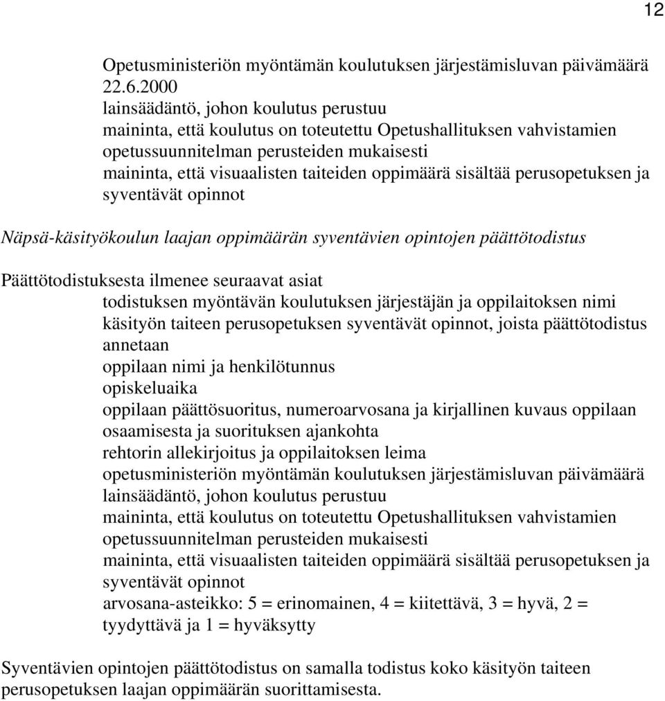 oppimäärä sisältää perusopetuksen ja syventävät opinnot Näpsä-käsityökoulun laajan oppimäärän syventävien opintojen päättötodistus Päättötodistuksesta ilmenee seuraavat asiat todistuksen myöntävän