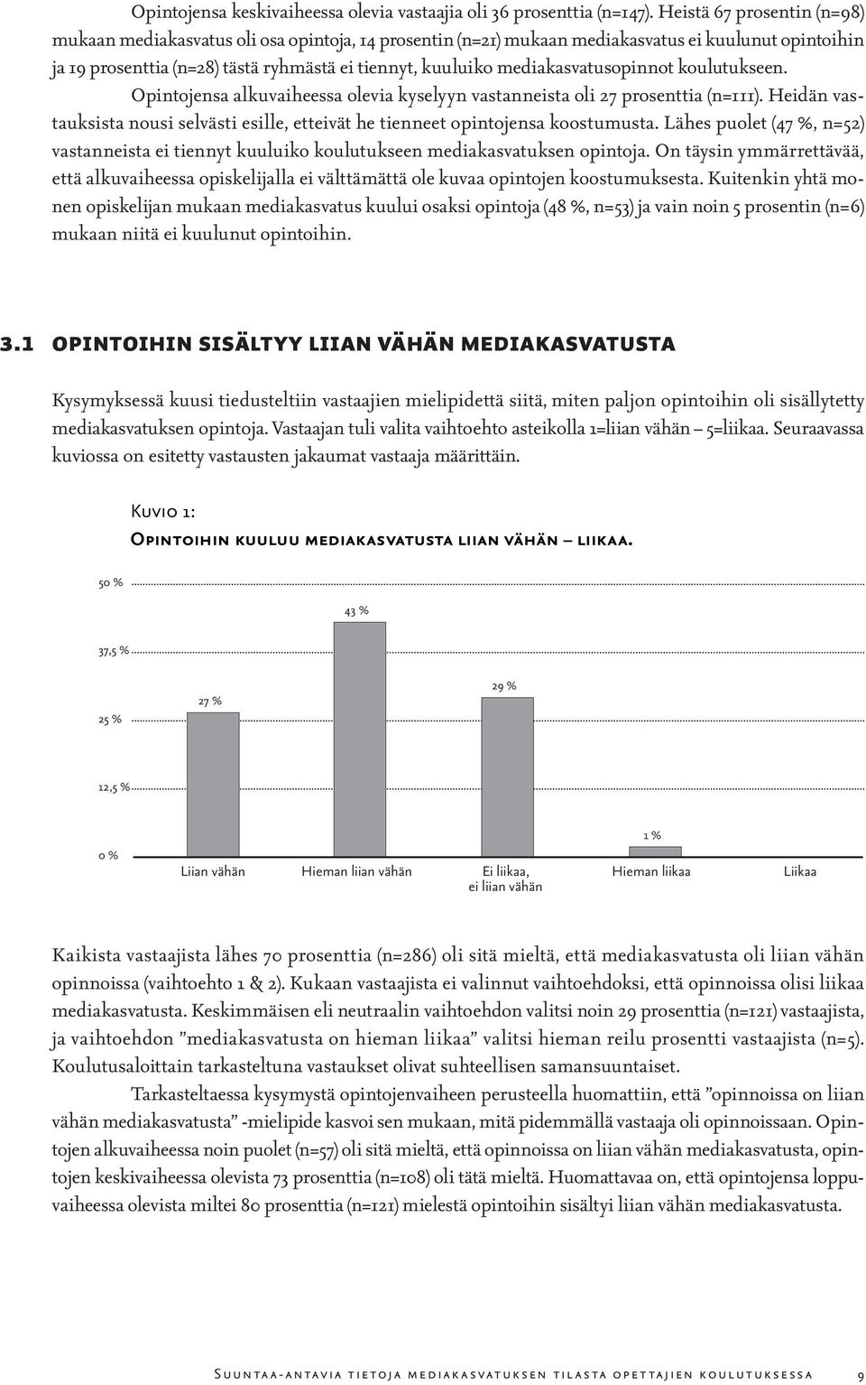 mediakasvatusopinnot koulutukseen. Opintojensa alkuvaiheessa olevia kyselyyn vastanneista oli 27 prosenttia (n=111).