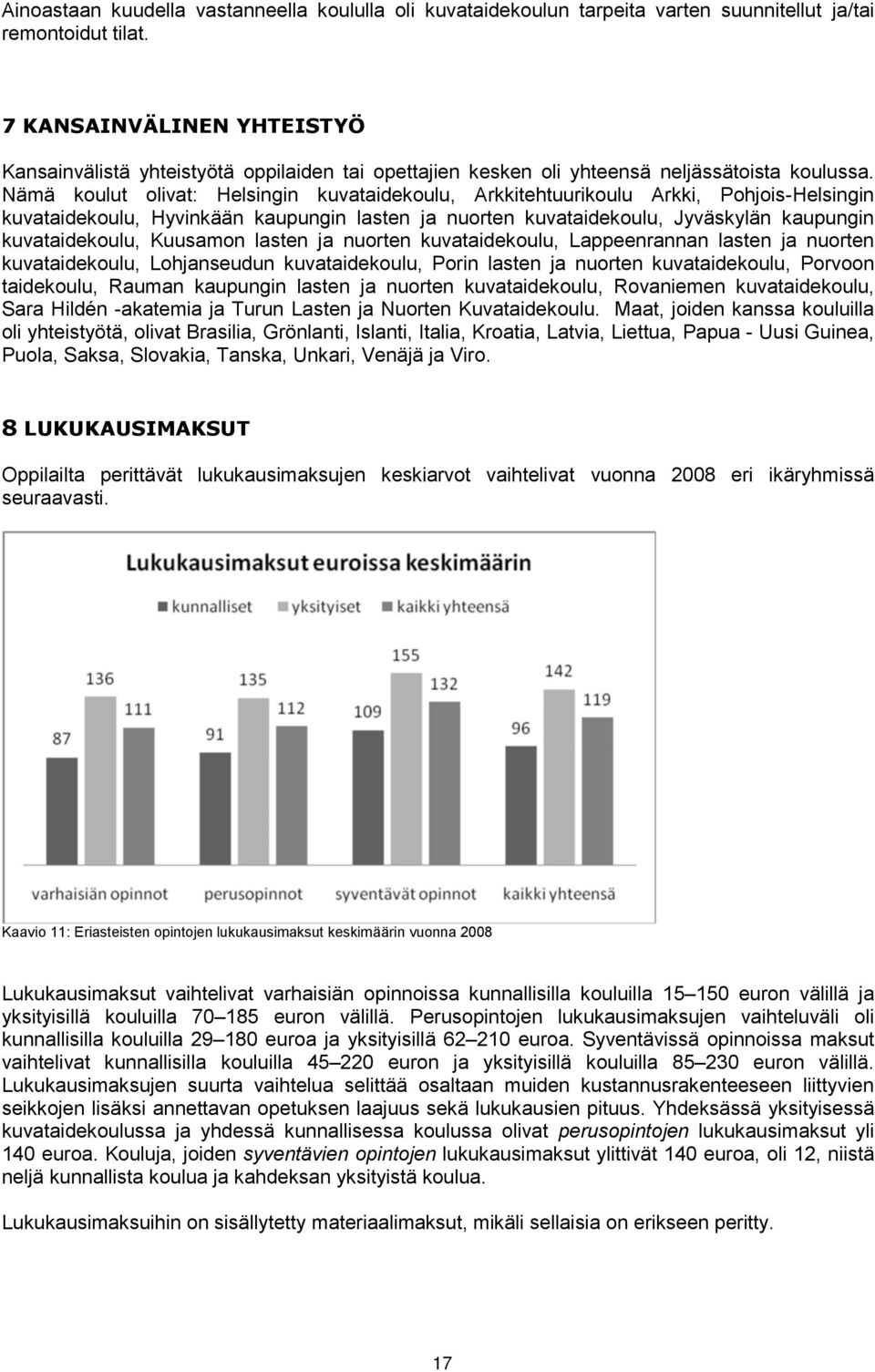 Nämä koulut olivat: Helsingin kuvataidekoulu, Arkkitehtuurikoulu Arkki, Pohjois-Helsingin kuvataidekoulu, Hyvinkään kaupungin lasten ja nuorten kuvataidekoulu, Jyväskylän kaupungin kuvataidekoulu,