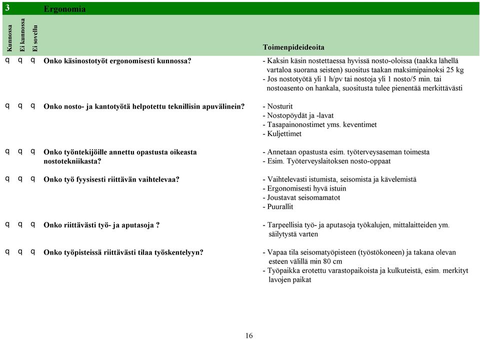 tai nostoasento on hankala, suositusta tulee pienentää merkittävästi q q q Onko nosto- ja kantotyötä helpotettu teknillisin apuvälinein? - Nosturit - Nostopöydät ja -lavat - Tasapainonostimet yms.