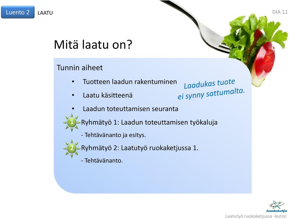 Laadun toteuttamisen seuranta 1 Ryhmätyö 1: Laadun