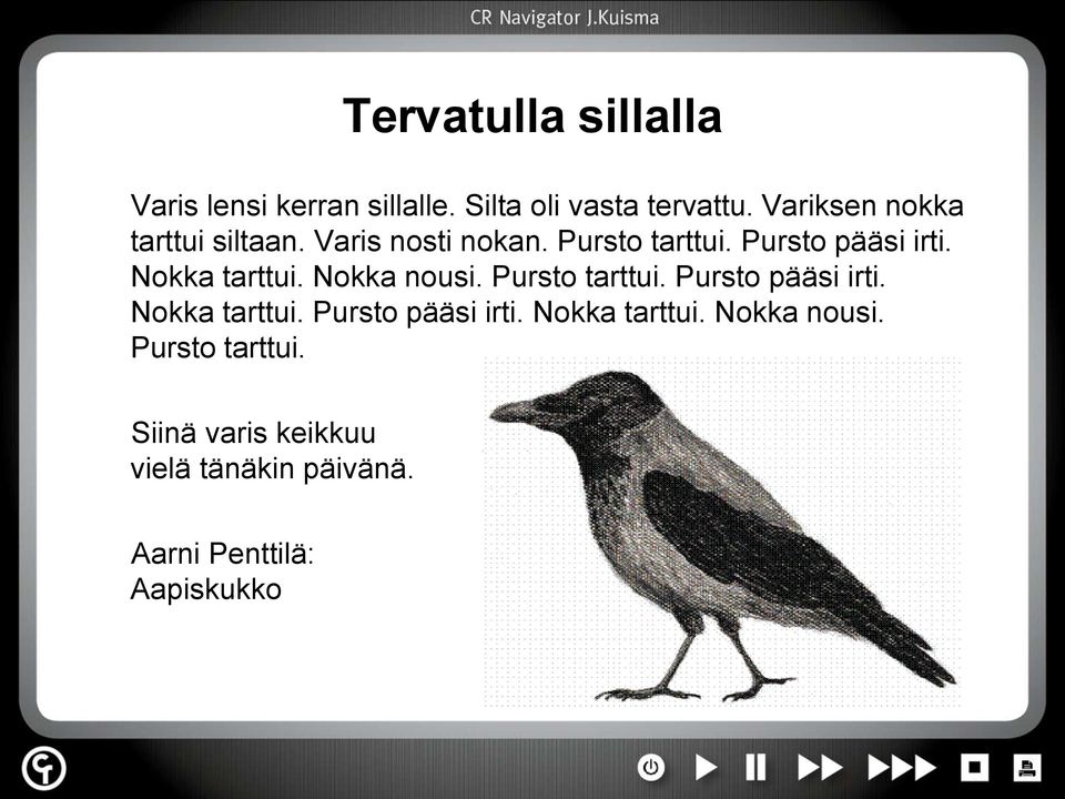 Nokka tarttui. Nokka nousi. Pursto tarttui. Pursto pääsi irti. Nokka tarttui.