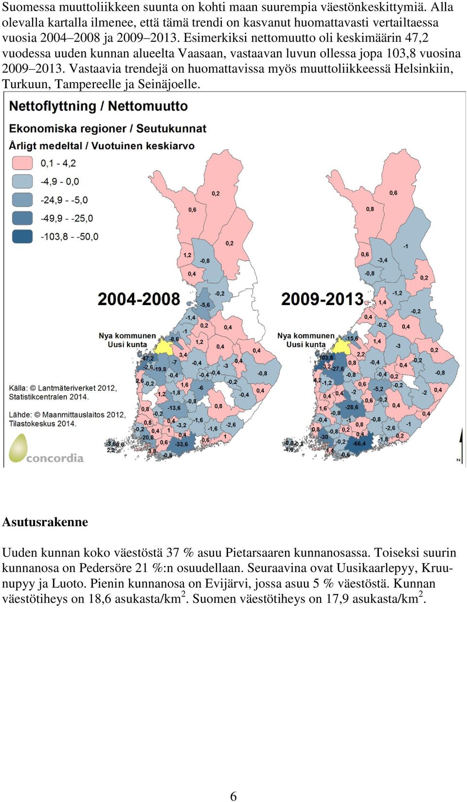 Vastaavia trendejä on huomattavissa myös muuttoliikkeessä Helsinkiin, Turkuun, Tampereelle ja Seinäjoelle. Asutusrakenne Uuden kunnan koko väestöstä 37 % asuu Pietarsaaren kunnanosassa.
