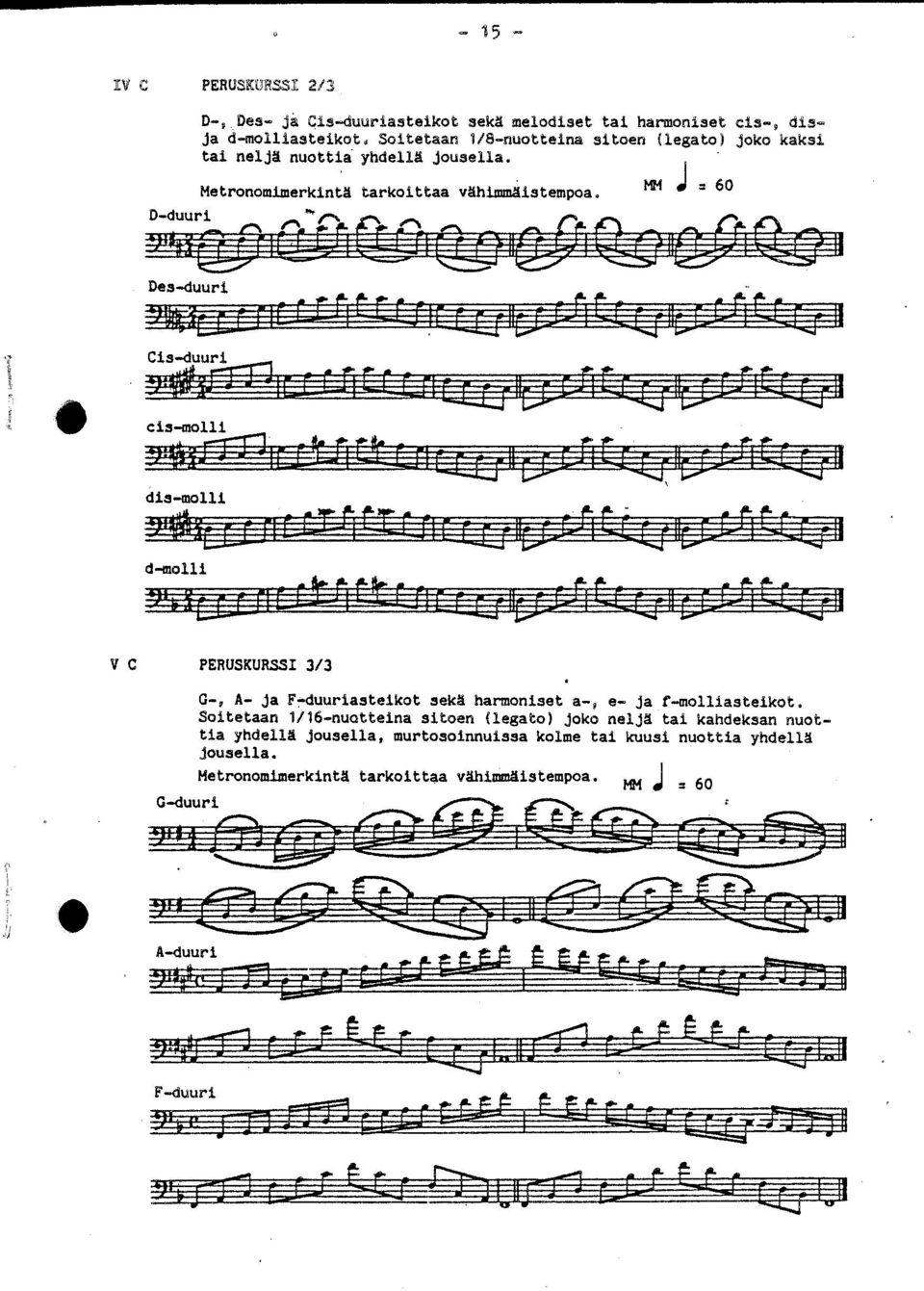 MM = 60 Des duuri Cis duuri cis molli dis-molli d molli V C PERUSKURSSI 3/3 G duuri G, A ja F duuriasteikot sekä harmoniset a, e ja f molliasteikot.