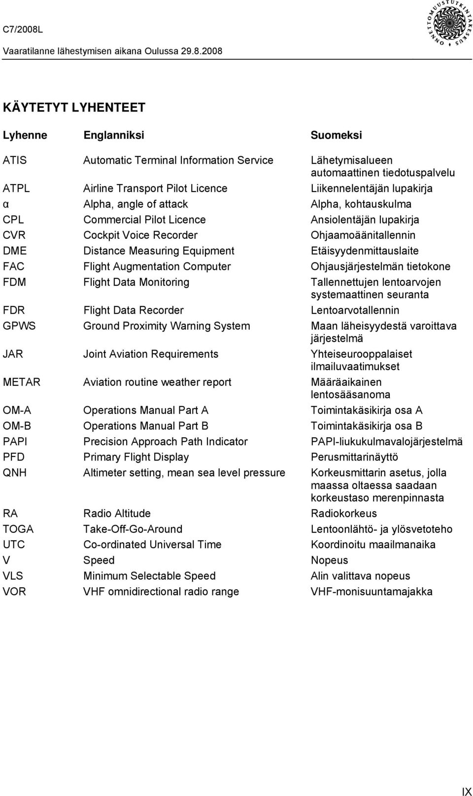 Etäisyydenmittauslaite FAC Flight Augmentation Computer Ohjausjärjestelmän tietokone FDM Flight Data Monitoring Tallennettujen lentoarvojen systemaattinen seuranta FDR Flight Data Recorder