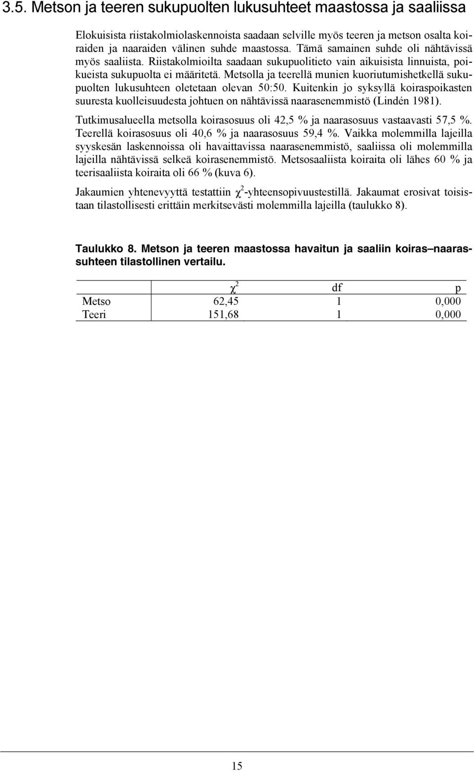 Metsolla ja teerellä munien kuoriutumishetkellä sukupuolten lukusuhteen oletetaan olevan 50:50.