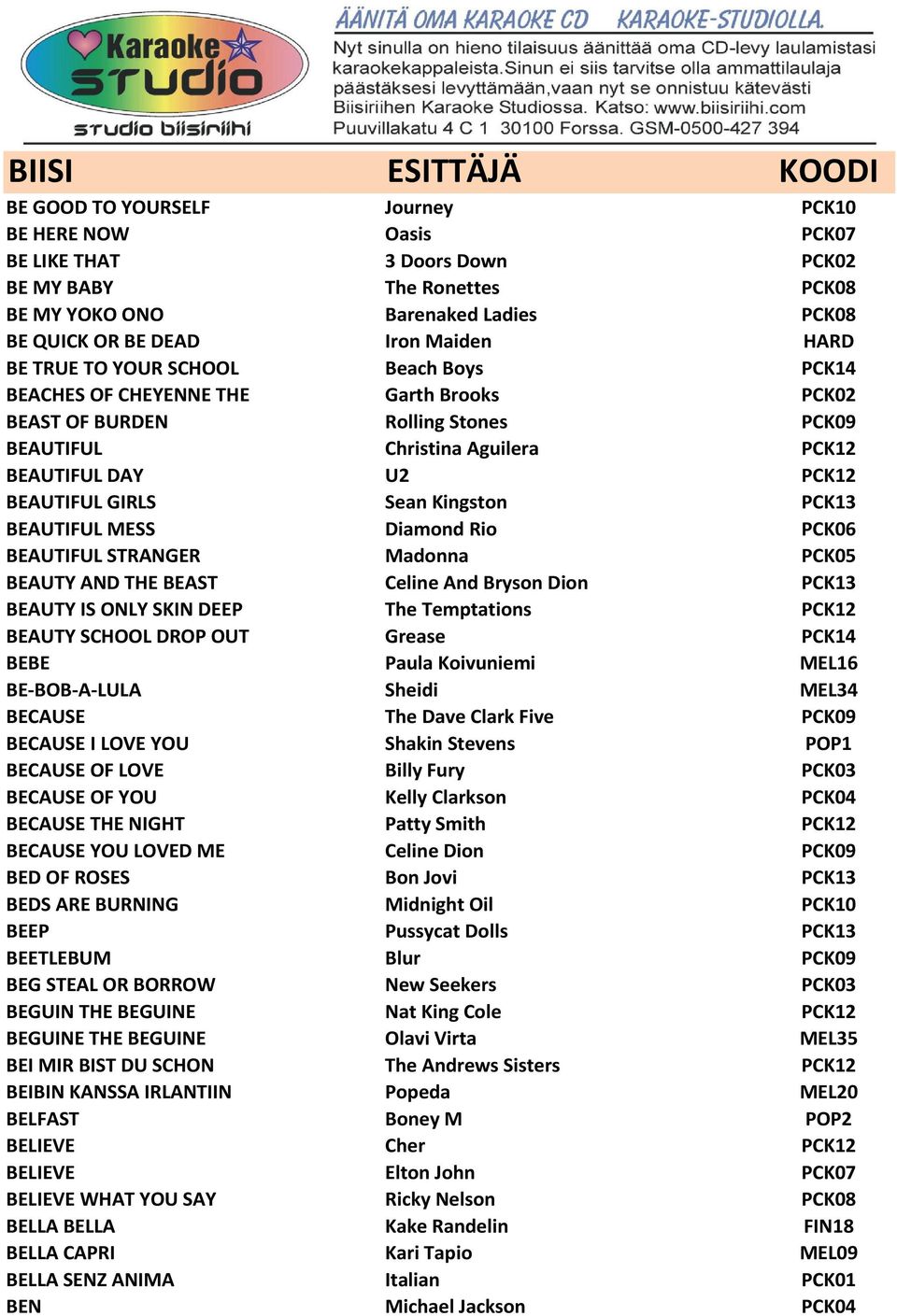 Kingston PCK13 BEAUTIFUL MESS Diamond Rio PCK06 BEAUTIFUL STRANGER Madonna PCK05 BEAUTY AND THE BEAST Celine And Bryson Dion PCK13 BEAUTY IS ONLY SKIN DEEP The Temptations PCK12 BEAUTY SCHOOL DROP