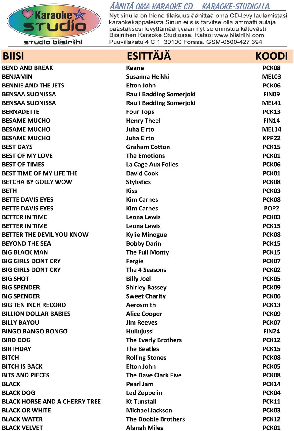 Folles PCK06 BEST TIME OF MY LIFE THE David Cook PCK01 BETCHA BY GOLLY WOW Stylistics PCK08 BETH Kiss PCK03 BETTE DAVIS EYES Kim Carnes PCK08 BETTE DAVIS EYES Kim Carnes POP2 BETTER IN TIME Leona