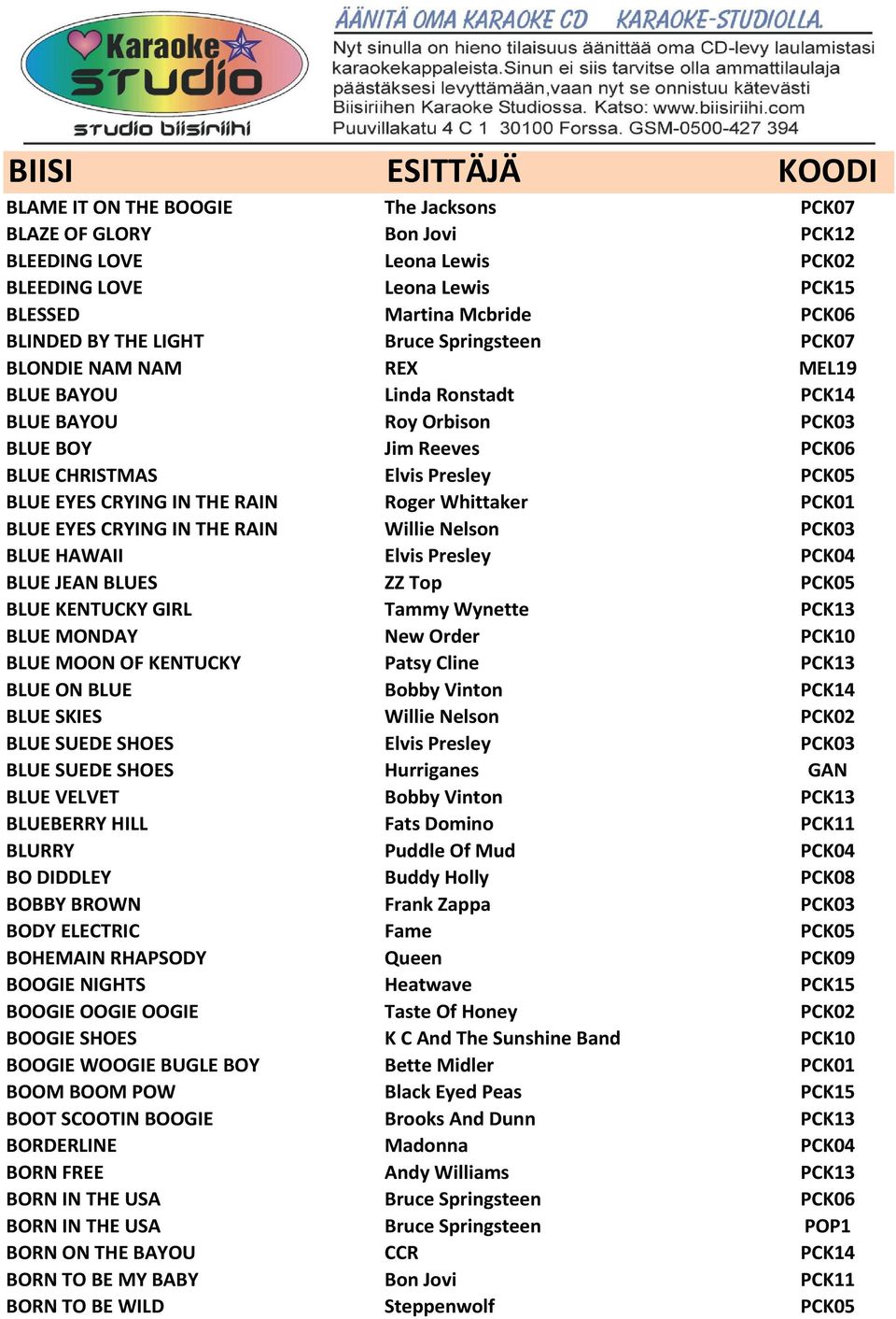 Roger Whittaker PCK01 BLUE EYES CRYING IN THE RAIN Willie Nelson PCK03 BLUE HAWAII Elvis Presley PCK04 BLUE JEAN BLUES ZZ Top PCK05 BLUE KENTUCKY GIRL Tammy Wynette PCK13 BLUE MONDAY New Order PCK10