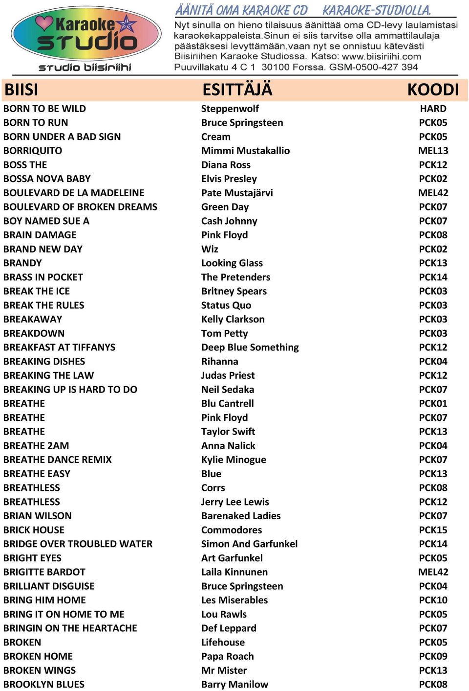 PCK13 BRASS IN POCKET The Pretenders PCK14 BREAK THE ICE Britney Spears PCK03 BREAK THE RULES Status Quo PCK03 BREAKAWAY Kelly Clarkson PCK03 BREAKDOWN Tom Petty PCK03 BREAKFAST AT TIFFANYS Deep Blue