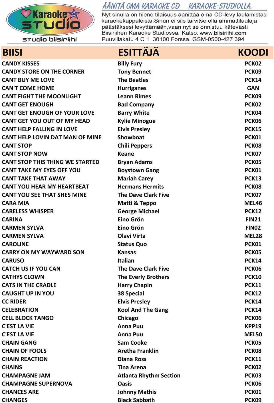 PCK01 CANT STOP Chili Peppers PCK08 CANT STOP NOW Keane PCK07 CANT STOP THIS THING WE STARTED Bryan Adams PCK05 CANT TAKE MY EYES OFF YOU Boystown Gang PCK01 CANT TAKE THAT AWAY Mariah Carey PCK13