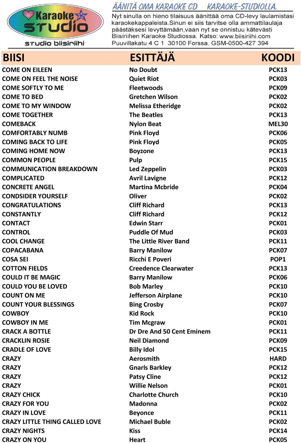 Zeppelin PCK03 COMPLICATED Avril Lavigne PCK12 CONCRETE ANGEL Martina Mcbride PCK04 CONDSIDER YOURSELF Oliver PCK02 CONGRATULATIONS Cliff Richard PCK13 CONSTANTLY Cliff Richard PCK12 CONTACT Edwin