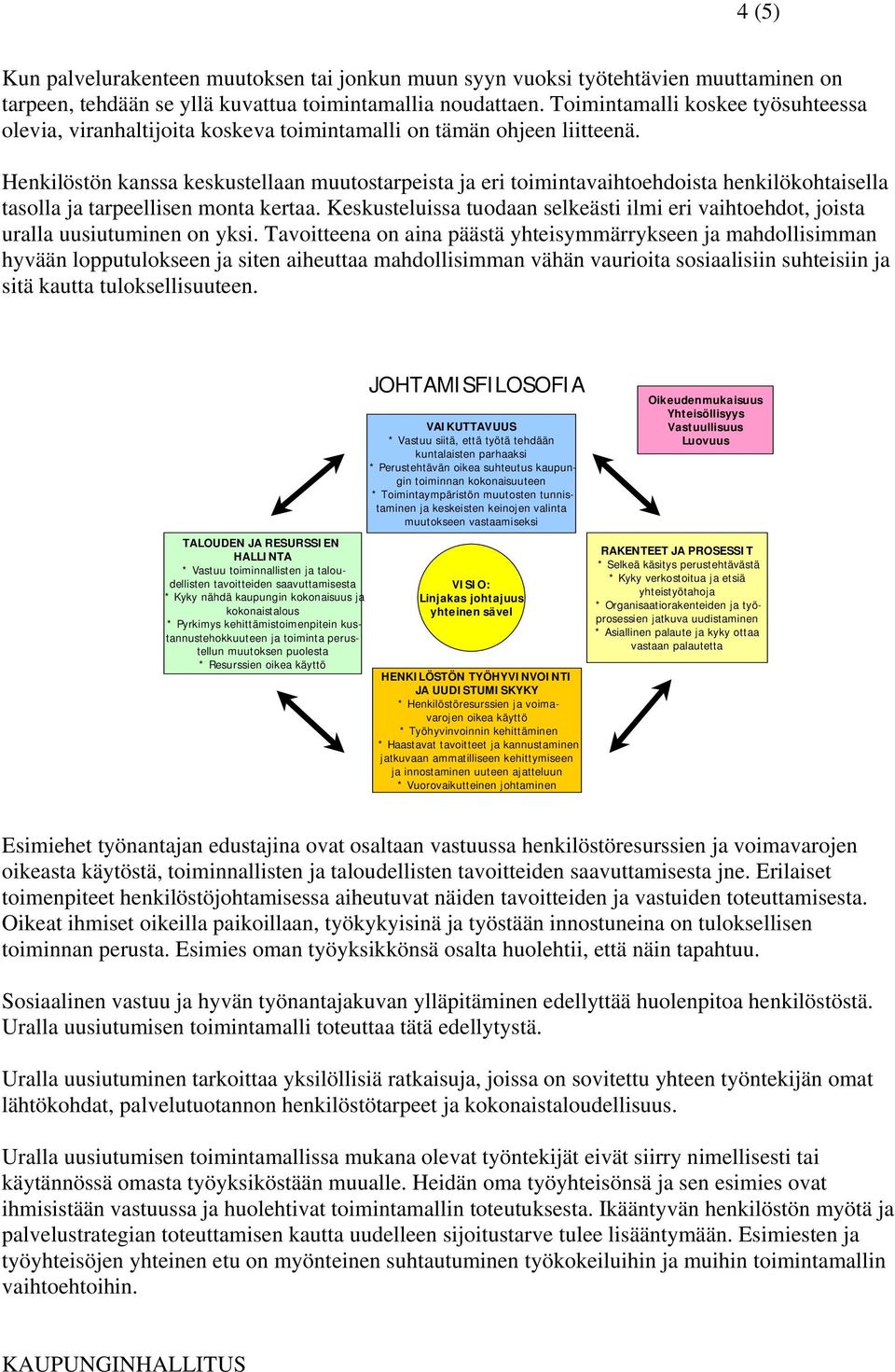 Henkilöstön kanssa keskustellaan muutostarpeista ja eri toimintavaihtoehdoista henkilökohtaisella tasolla ja tarpeellisen monta kertaa.