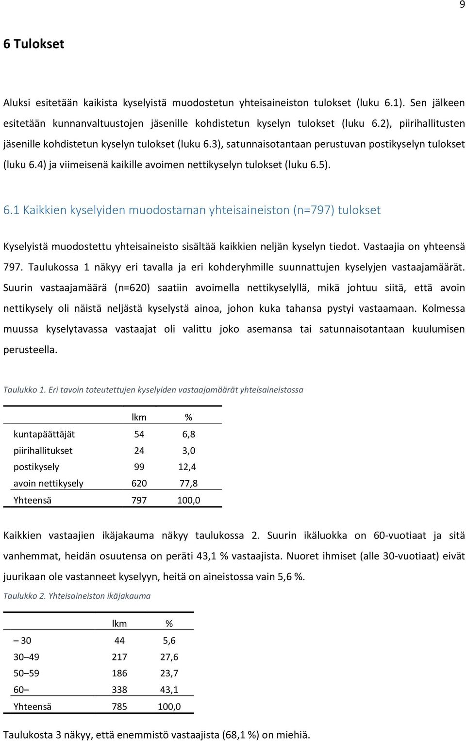 6.1 Kaikkien kyselyiden muodostaman yhteisaineiston (n=797) tulokset Kyselyistä muodostettu yhteisaineisto sisältää kaikkien neljän kyselyn tiedot. Vastaajia on yhteensä 797.