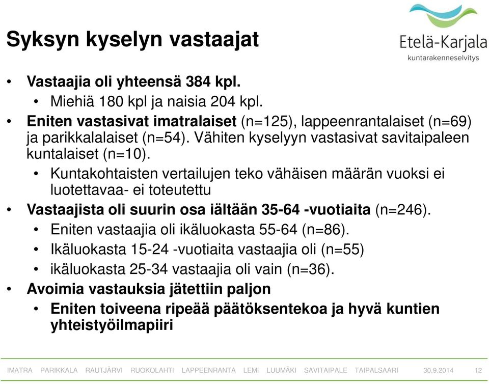 Kuntakohtaisten vertailujen teko vähäisen määrän vuoksi ei luotettavaa- ei toteutettu Vastaajista oli suurin osa iältään 35-64 -vuotiaita (n=246).