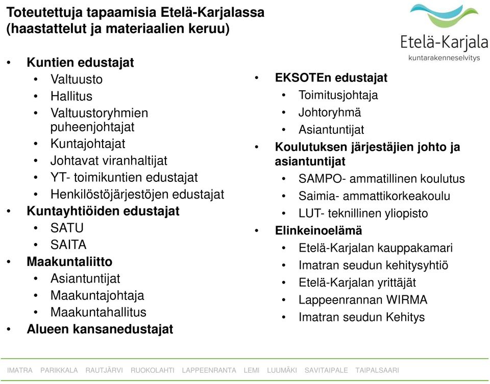 Alueen kansanedustajat EKSOTEn edustajat Toimitusjohtaja Johtoryhmä Asiantuntijat Koulutuksen järjestäjien johto ja asiantuntijat SAMPO- ammatillinen koulutus Saimia-