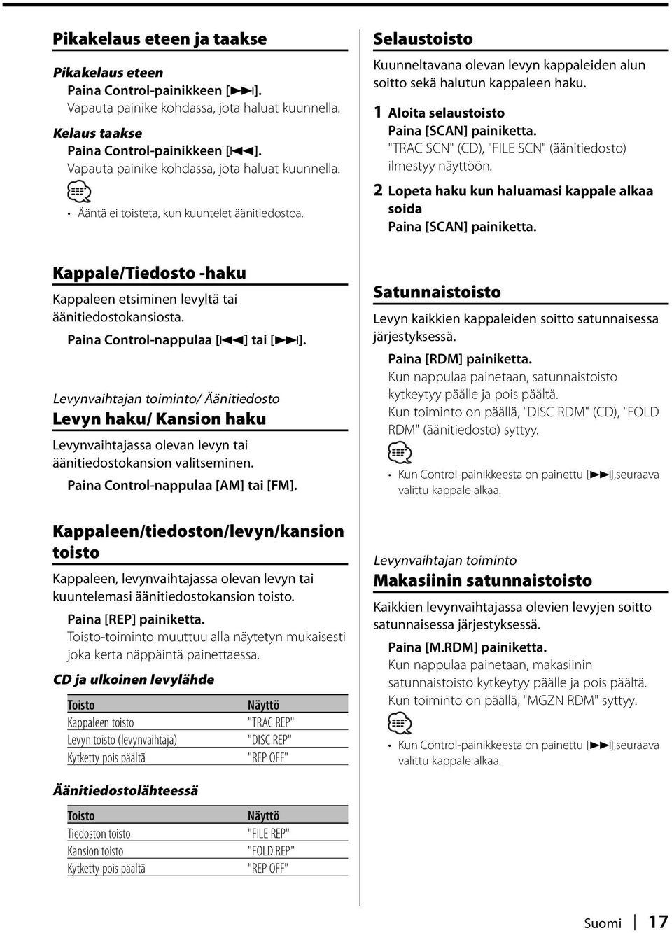 Paina Control-nappulaa [4] tai [ ]. Levynvaihtajan toiminto/ Äänitiedosto Levyn haku/ Kansion haku Levynvaihtajassa olevan levyn tai äänitiedostokansion valitseminen.