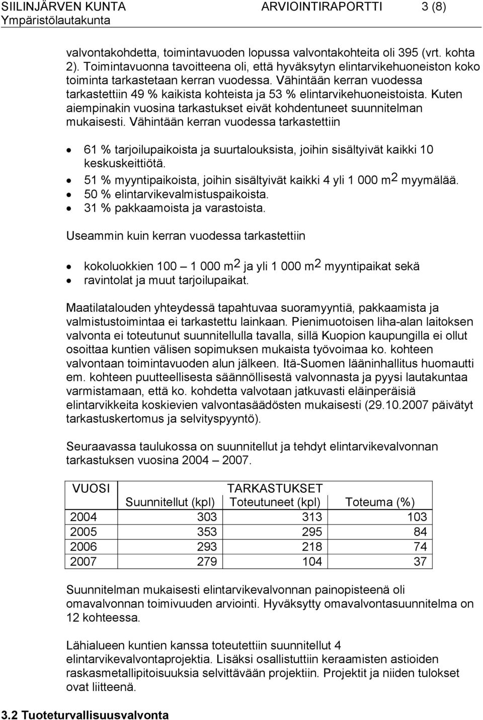 Vähintään kerran vuodessa tarkastettiin 49 % kaikista kohteista ja 53 % elintarvikehuoneistoista. Kuten aiempinakin vuosina tarkastukset eivät kohdentuneet suunnitelman mukaisesti.