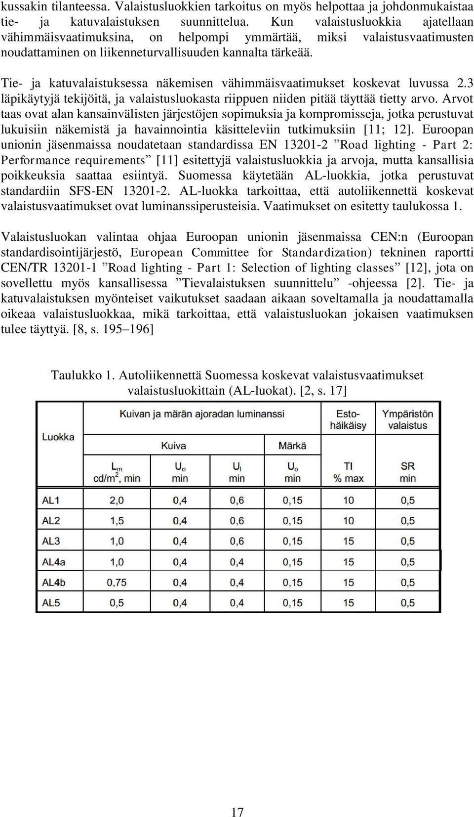 Tie- ja katuvalaistuksessa näkemisen vähimmäisvaatimukset koskevat luvussa 2.3 läpikäytyjä tekijöitä, ja valaistusluokasta riippuen niiden pitää täyttää tietty arvo.