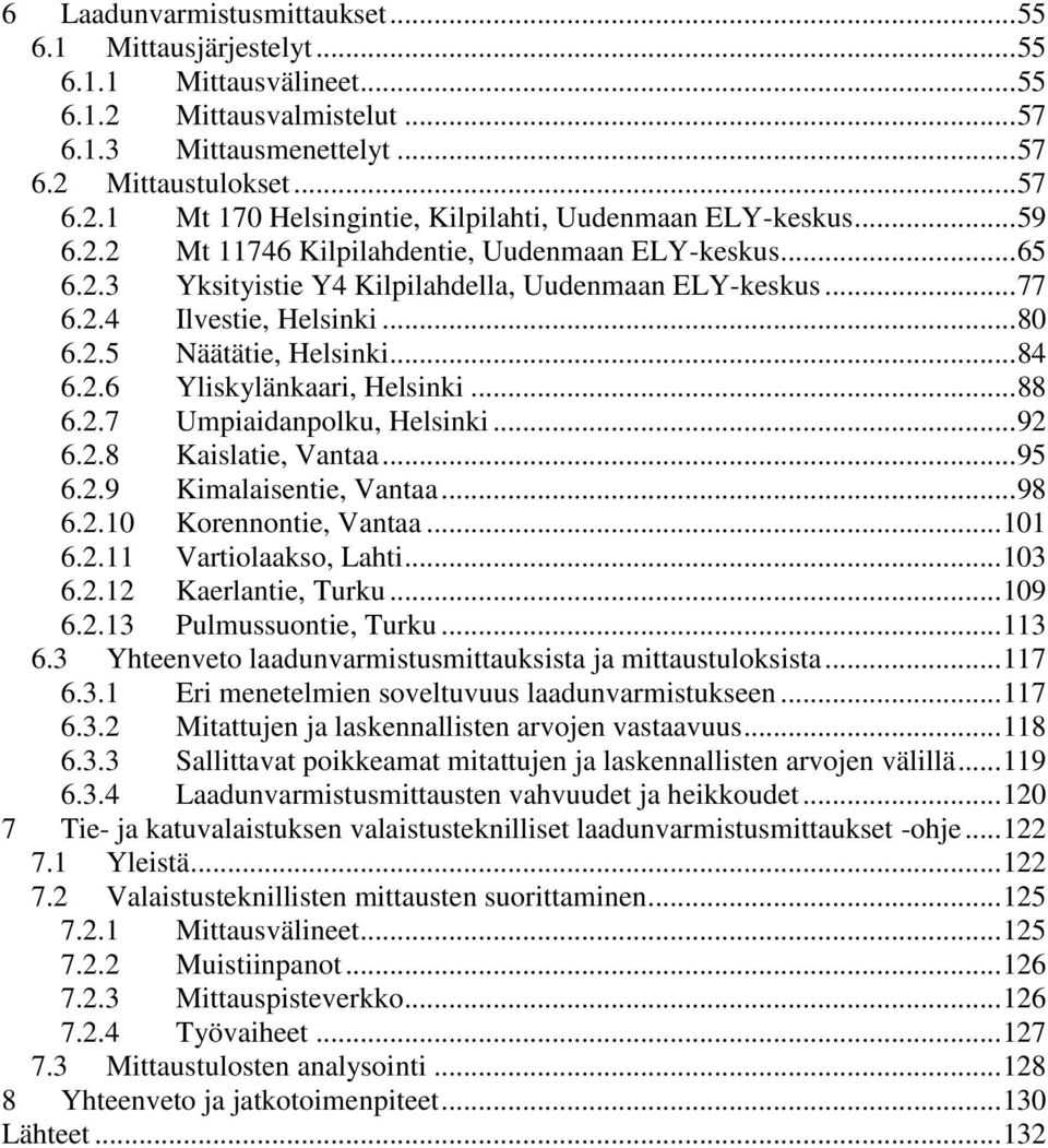 .. 88 6.2.7 Umpiaidanpolku, Helsinki... 92 6.2.8 Kaislatie, Vantaa... 95 6.2.9 Kimalaisentie, Vantaa... 98 6.2.10 Korennontie, Vantaa... 101 6.2.11 Vartiolaakso, Lahti... 103 6.2.12 Kaerlantie, Turku.