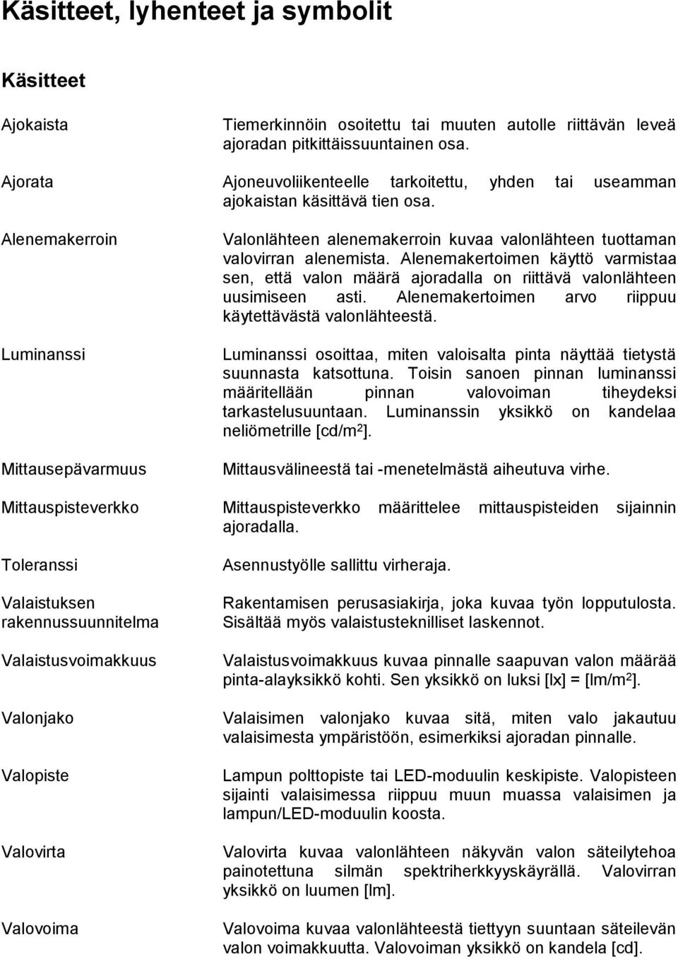 Alenemakerroin Luminanssi Mittausepävarmuus Valonlähteen alenemakerroin kuvaa valonlähteen tuottaman valovirran alenemista.