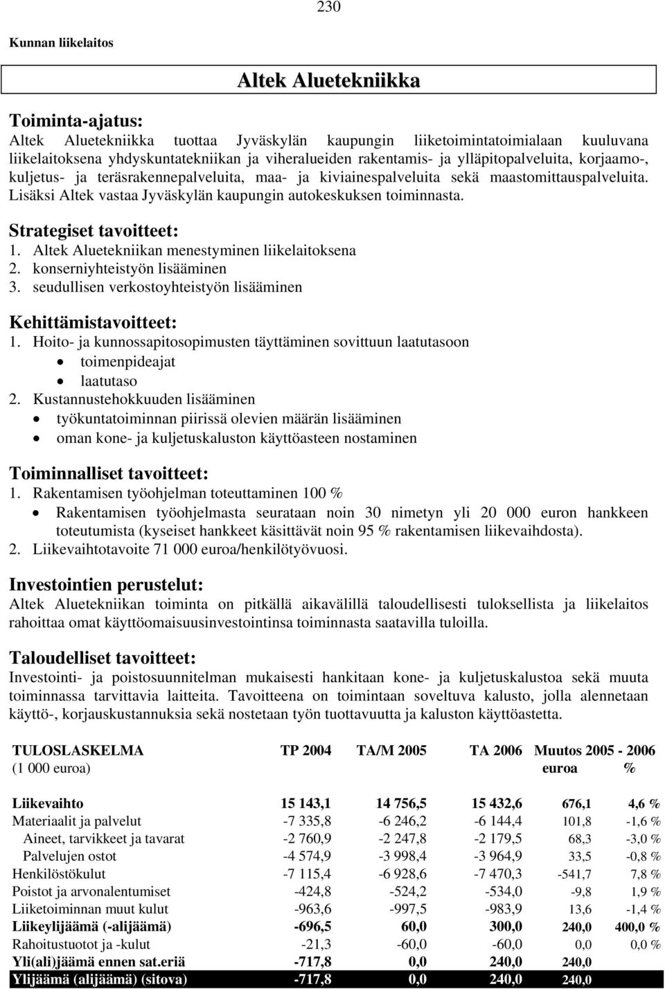 Lisäksi Altek vastaa Jyväskylän kaupungin autokeskuksen toiminnasta. Strategiset tavoitteet: 1. Altek Aluetekniikan menestyminen liikelaitoksena 2. konserniyhteistyön lisääminen 3.