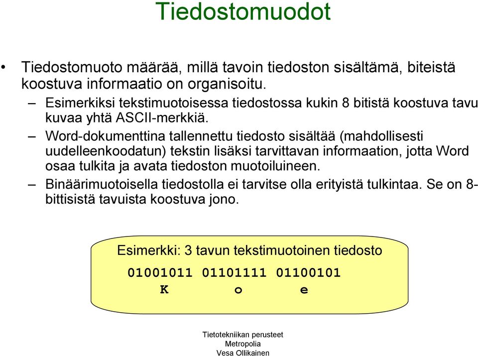 Word-dokumenttina tallennettu tiedosto sisältää (mahdollisesti uudelleenkoodatun) tekstin lisäksi tarvittavan informaation, jotta Word osaa