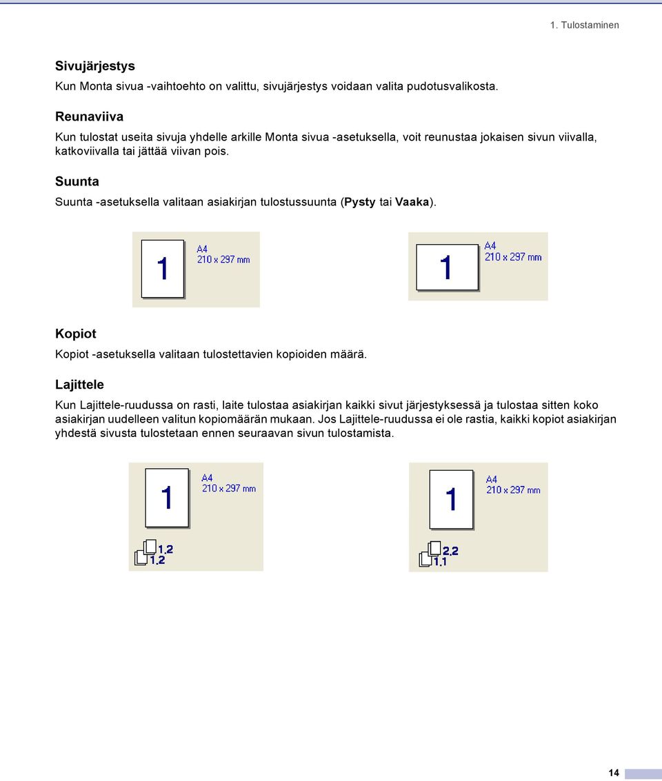 Suunta 1 Suunta -asetuksella valitaan asiakirjan tulostussuunta (Pysty tai Vaaka). Kopiot 1 Kopiot -asetuksella valitaan tulostettavien kopioiden määrä.