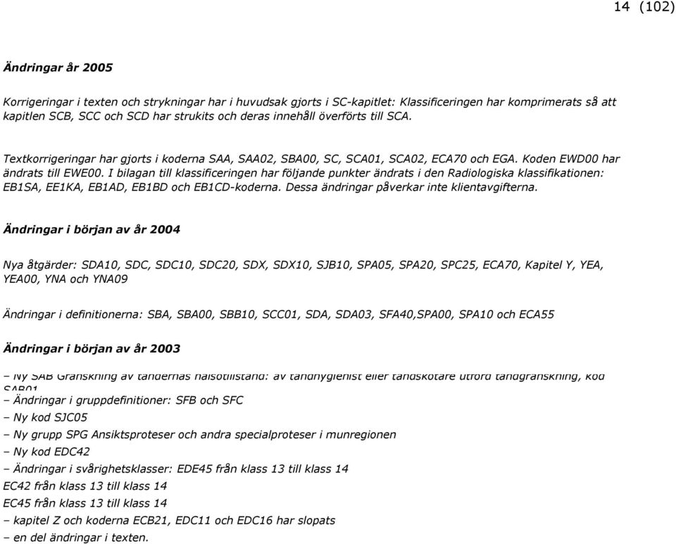 I bilagan till klassificeringen har följande punkter ändrats i den Radiologiska klassifikationen: EB1SA, EE1KA, EB1AD, EB1BD och EB1CD-koderna. Dessa ändringar påverkar inte klientavgifterna.