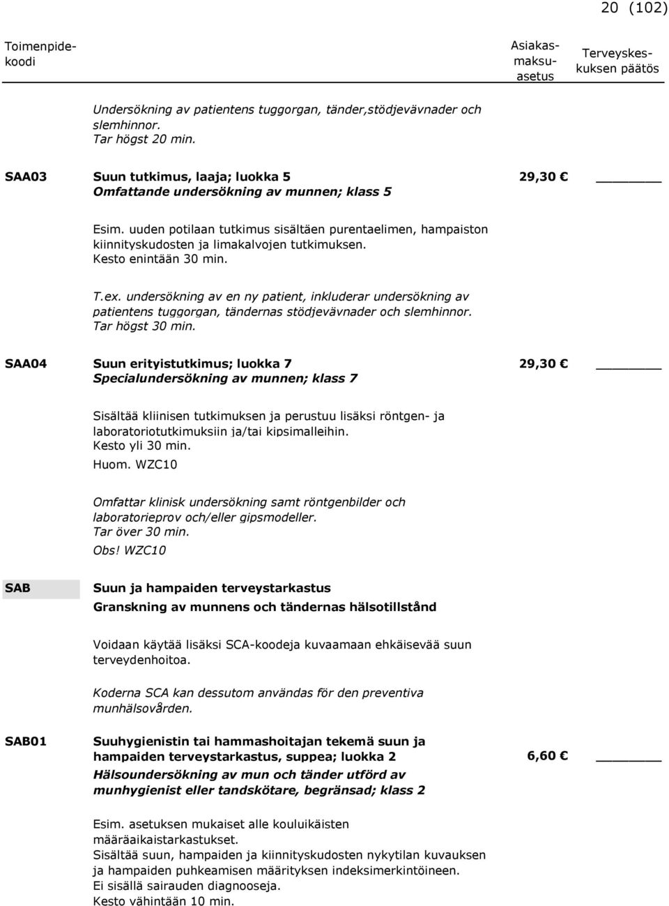 undersökning av en ny patient, inkluderar undersökning av patientens tuggorgan, tändernas stödjevävnader och slemhinnor. Tar högst 30 min.