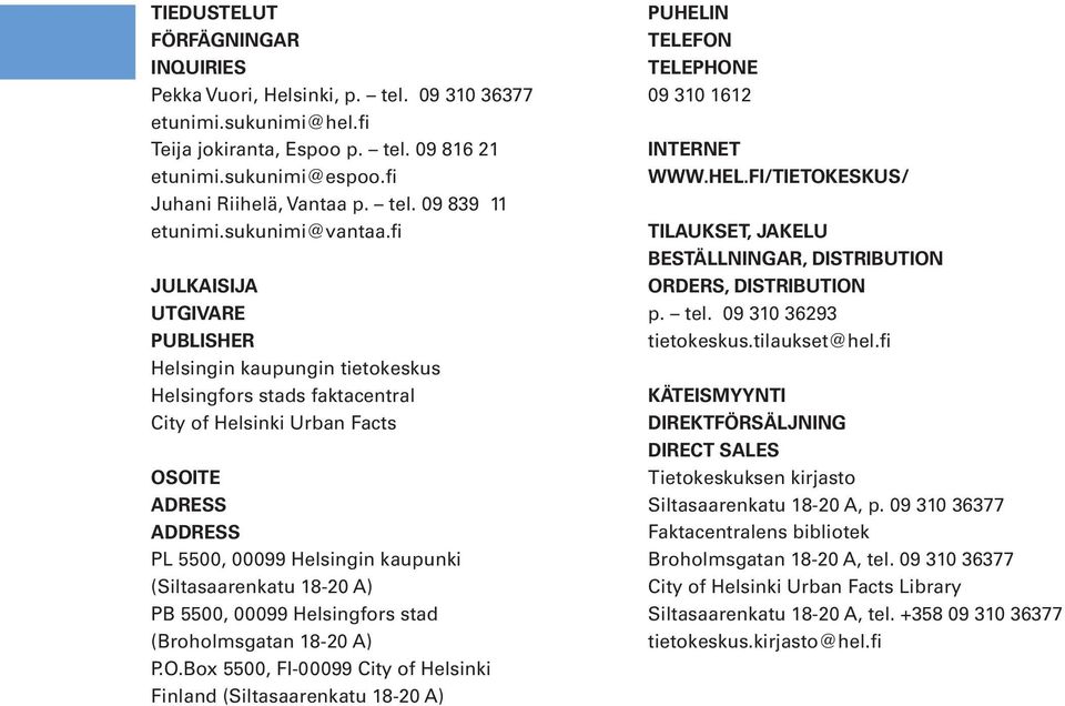 fi JULKAISIJA UTGIVARE PUBLISHER Helsingin kaupungin tietokeskus Helsingfors stads faktacentral City of Helsinki Urban Facts OSOITE ADRESS ADDRESS PL 5500, 00099 Helsingin kaupunki (Siltasaarenkatu