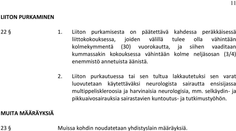 siihen vaaditaan kummassakin kokouksessa vähintään kolme neljäsosan (3/4) enemmistö annetuista äänistä. MUITA MÄÄRÄYKSIÄ 2.