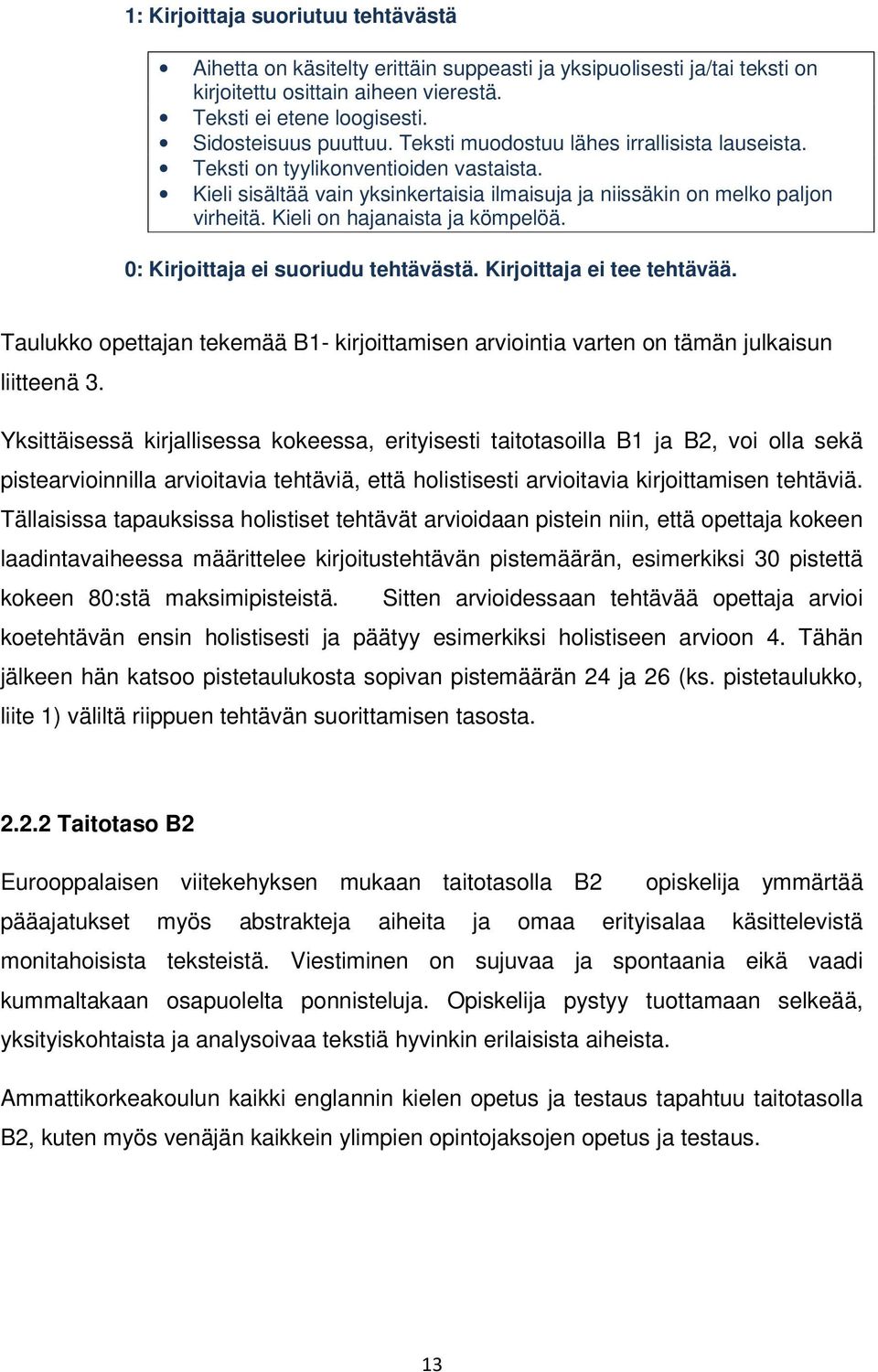 Kieli on hajanaista ja kömpelöä. 0: Kirjoittaja ei suoriudu tehtävästä. Kirjoittaja ei tee tehtävää. Taulukko opettajan tekemää B- kirjoittamisen arviointia varten on tämän julkaisun liitteenä.