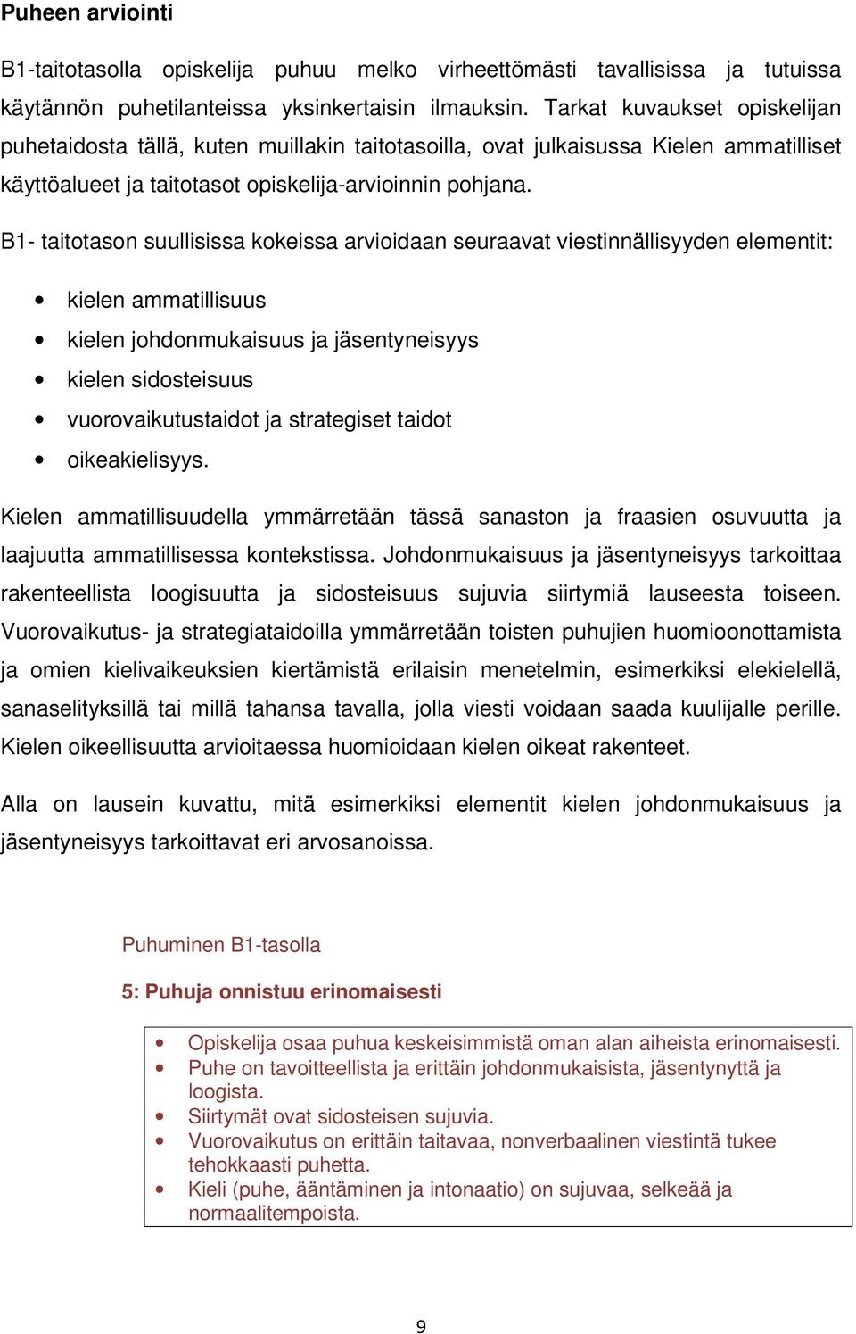 B- taitotason suullisissa kokeissa arvioidaan seuraavat viestinnällisyyden elementit: kielen ammatillisuus kielen johdonmukaisuus ja jäsentyneisyys kielen sidosteisuus vuorovaikutustaidot ja